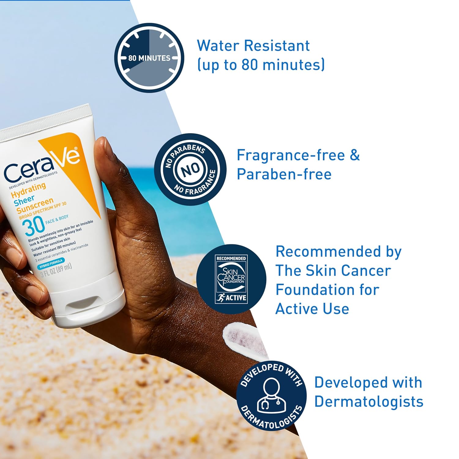 CeraVe Hydrating Sheer Sunscreen SPF 30 with Hyaluronic Acid. 3oz | Mineral and Chemical Sunscreen For Face and Body with Zinc Oxide & Ceramides. Fragrance-Free & Paraben-Free