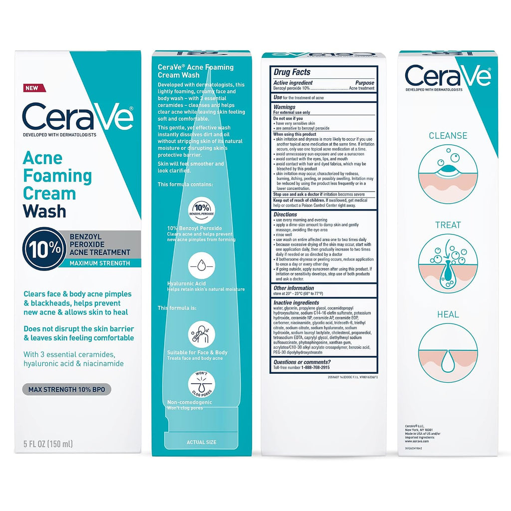 CeraVe Acne Foaming Cream Wash. 10% Benzoyl Peroxide Facial Cleanser. 5oz | 10% Benzoyl Peroxide Cleanser with Hyaluronic Acid and Niacinamide Clears Pimples and Acts As A Blackhead Remover