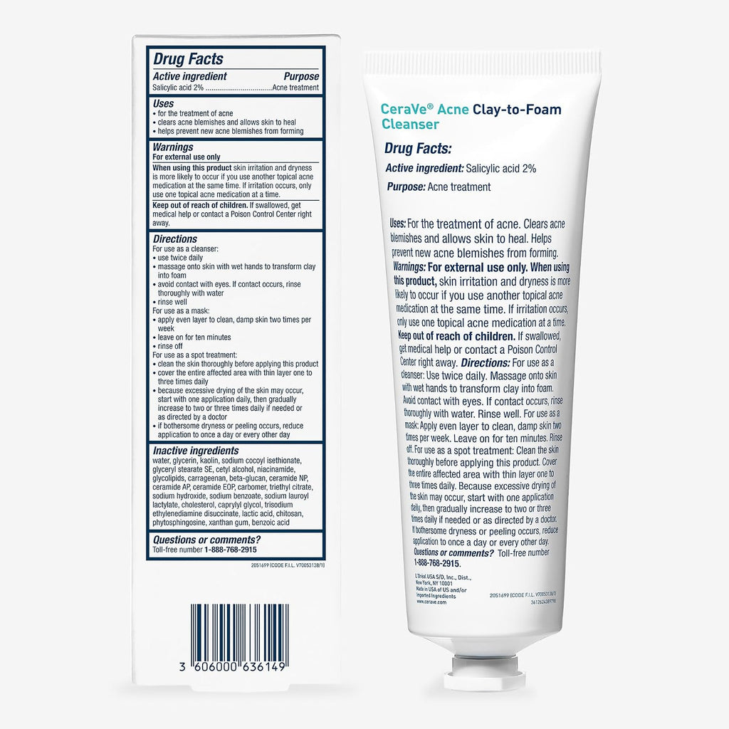 CeraVe Clay To Foam Acne Face Wash.Salicylic Acid & Kaolin Clay Acne Spot Treatment Clears Pimples & Blackheads. Prevents Breakouts. Hydrates & Soothes. Fragrance-Free. Non-Comedogenic.4oz.(Pack of 2)