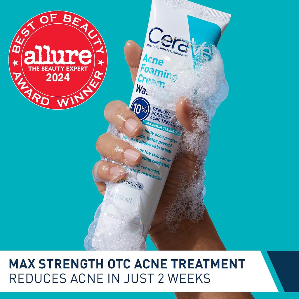 CeraVe Acne Foaming Cream Wash. 10% Benzoyl Peroxide Facial Cleanser. 5oz | 10% Benzoyl Peroxide Cleanser with Hyaluronic Acid and Niacinamide Clears Pimples and Acts As A Blackhead Remover