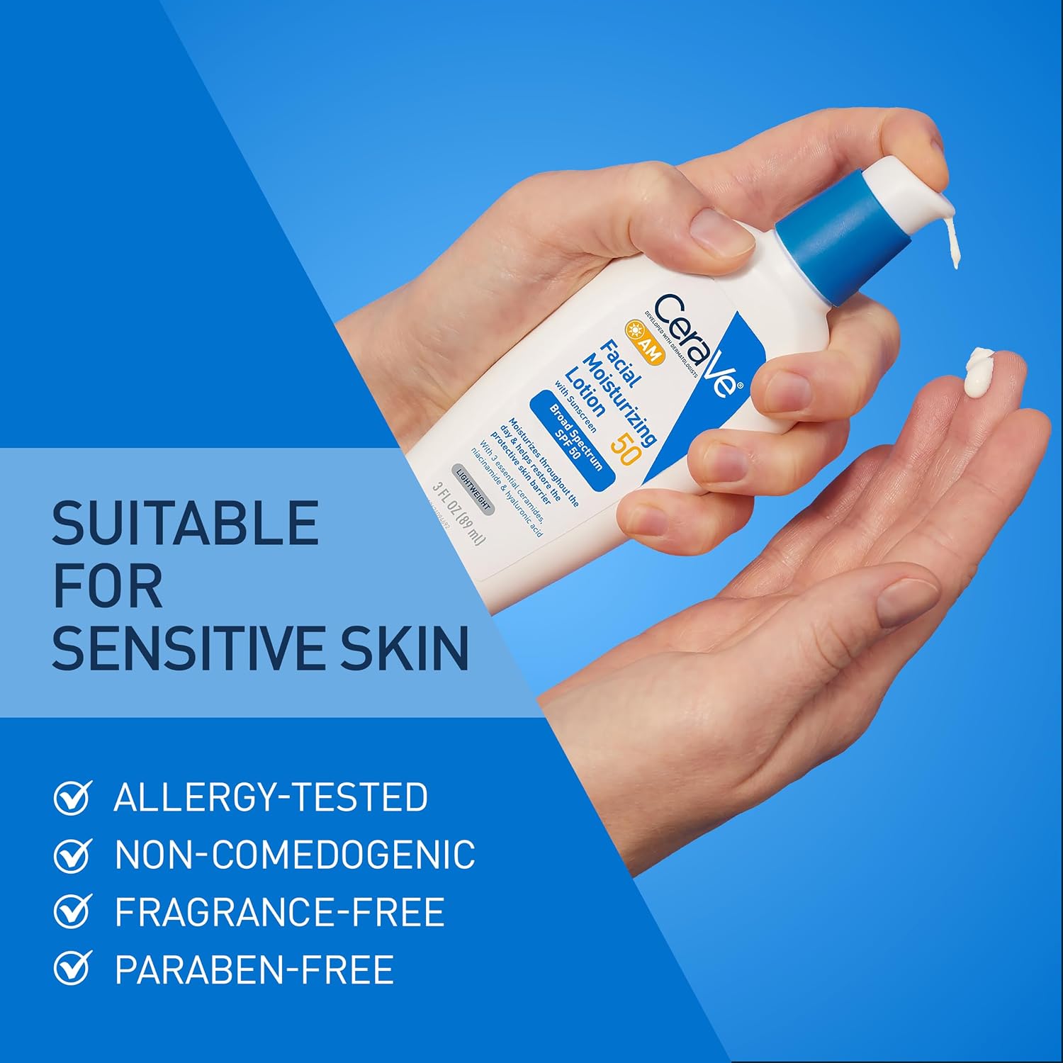 CeraVe AM Facial Moisturizing Lotion SPF 50. Face Moisturizer with SPF. 3oz | Travel Size Skin Care. Hyaluronic Acid and Niacinamide That Blends with No White Cast. Non-Greasy & Non-Comedogenic