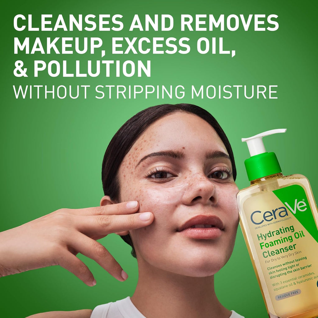 CeraVe Hydrating Foaming Oil Facial Cleanser with Hyaluronic Acid. 19oz | Squalane Face & Body Wash with Double-Cleansing Efficacy Removes Makeup without Residue. For Dry To Very Dry Skin
