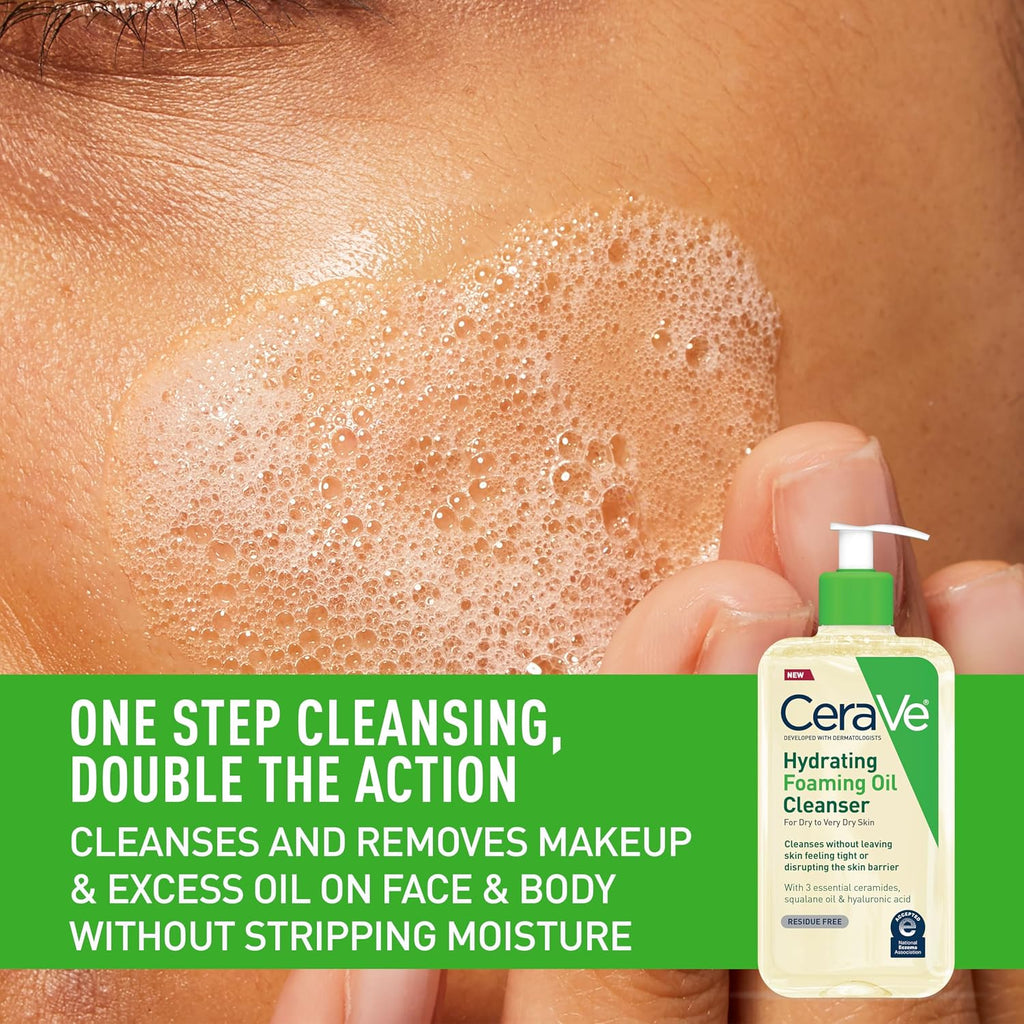 CeraVe Hydrating Foaming Oil Cleanser.Moisturizing Oil Cleanser for Face & Body.Squalane-Oil + Hyaluronic Acid + Ceramides.For Dry to Very Dry Skin.Fragrance Free & Residue Free.19 FL Oz.(Pack of 2)