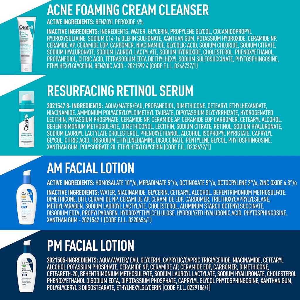 CeraVe Acne Skin Care Set. Foaming Cleanser + Retinol Serum + AM&PM Lotion | 5oz Acne Foaming Cream Cleanser + 1oz Resurfacing Retinol Serum + 2oz AM SPF 30 Lotion + 2oz PM Facial Moisturizing Lotion