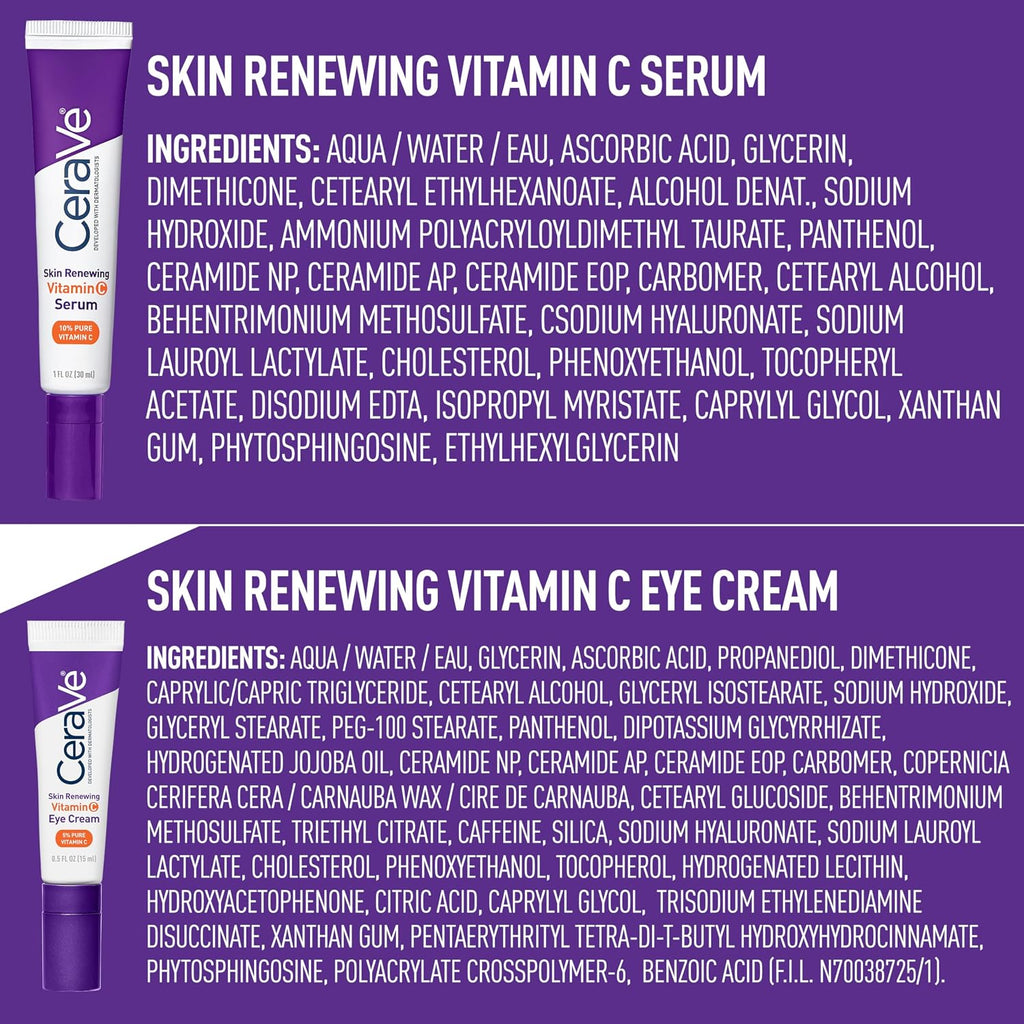 CeraVe Vitamin C Serum & Vitamin C Eye Cream Skin Care Set | Skin Brightening Serum with Hyaluronic Acid for Face & Under Eye Cream with Caffeine for Dark Circles and Puffiness