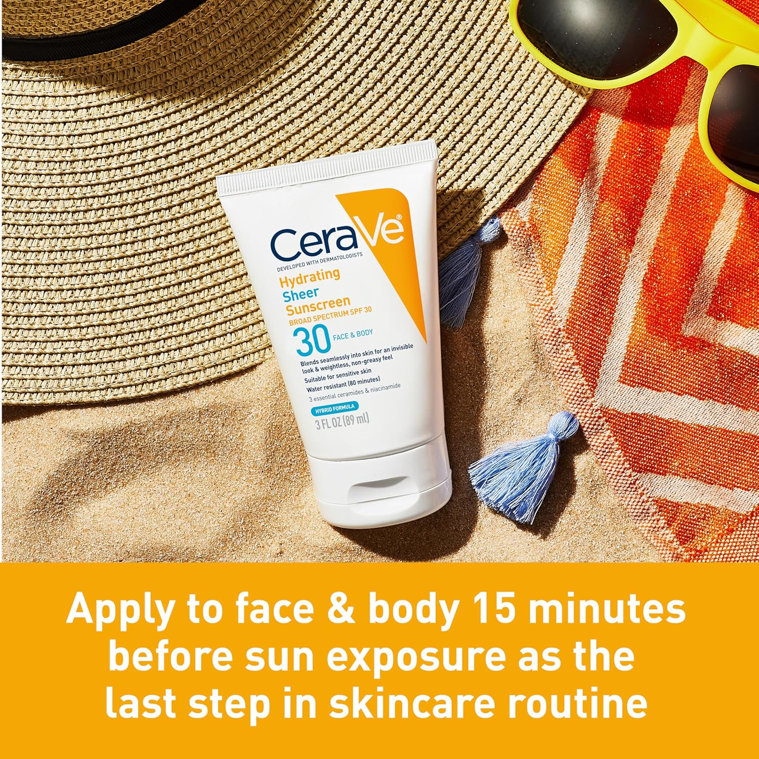 CeraVe Hydrating Sheer Sunscreen SPF 30 with Hyaluronic Acid. 3oz | Mineral and Chemical Sunscreen For Face and Body with Zinc Oxide & Ceramides. Fragrance-Free & Paraben-Free